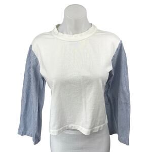 Club Monaco Women's White Blue Striped Long Sleeve Crew Neck Shirt Crop Top Sz S